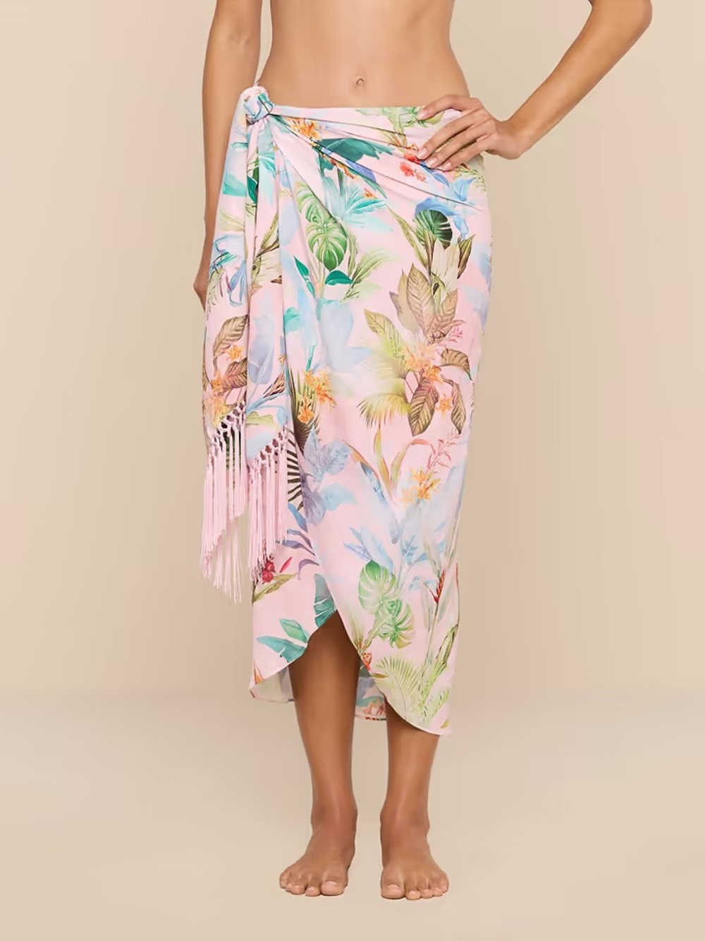 L'AGENCE Marena Sarong  Pink Tropical Leaf-Print Swim Sarong with Fringe